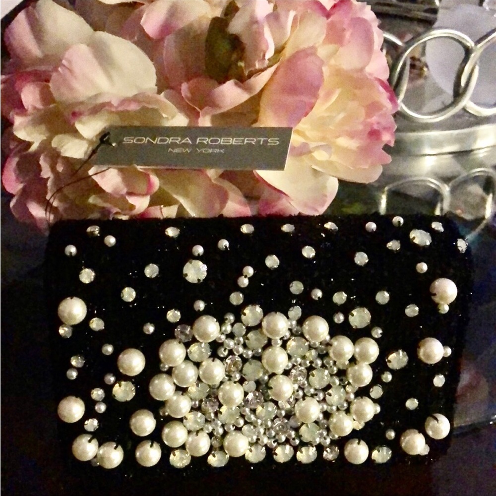 Black Boucle Fabric with Pearls & Crystals Clutch/Crossbody Bag-Boutique